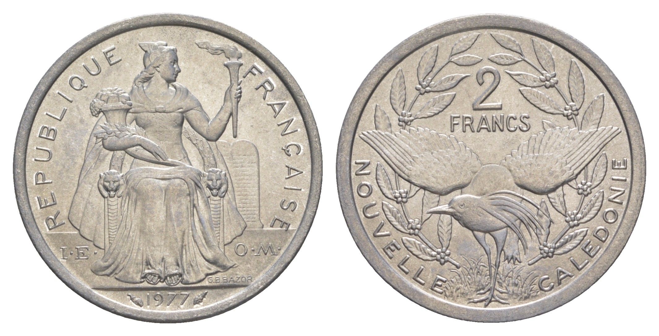 Французская Новая Каледония 2 франка 1977 KM 14 алюминий UNC 4641-145