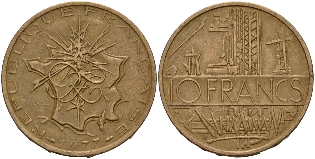 Франция 10 франков 1977 тип Матье KM 940, Le Franc 365.9-10 никель латунь 4159-713