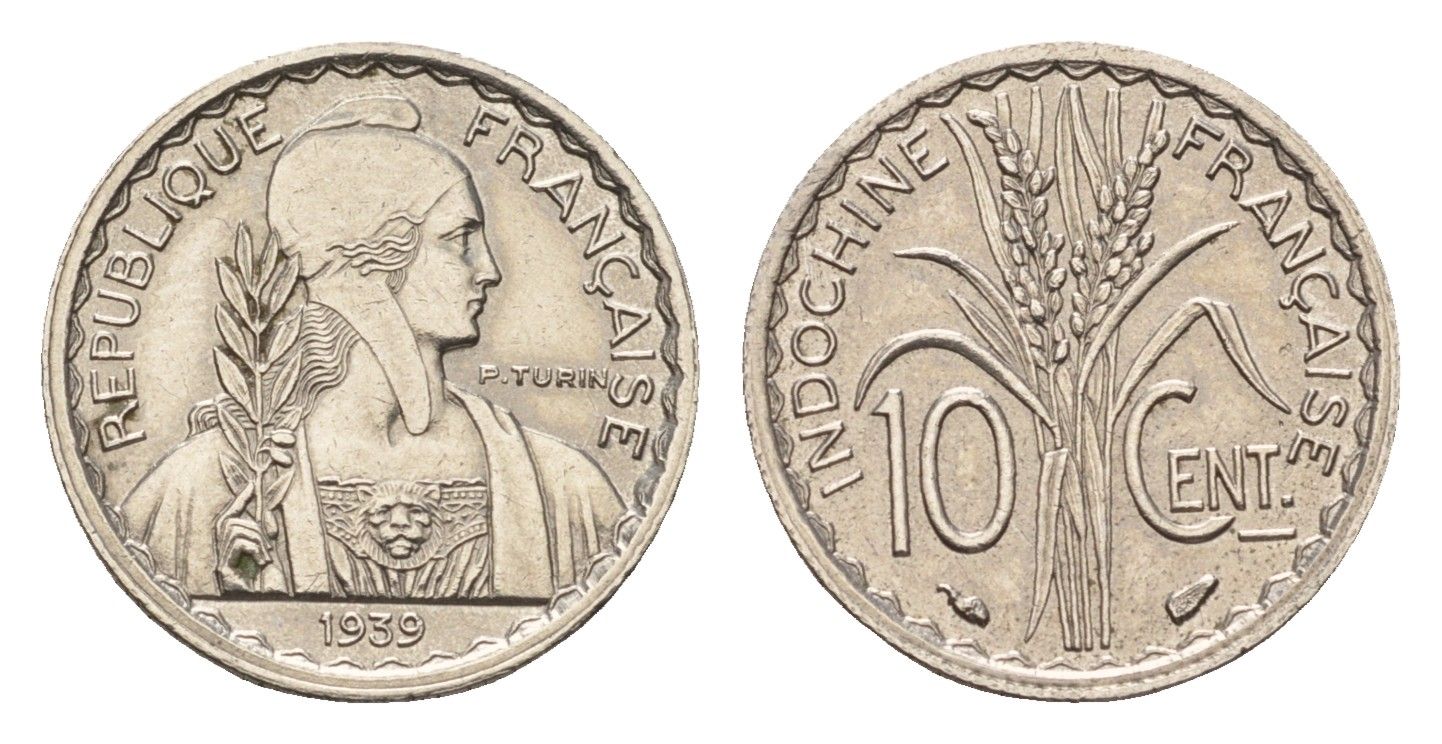 Французский Индокитай 10 сантимов 1939 KM 21.1 никель 4674-1122