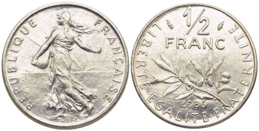 Франция 1/2 франка 1986 сеятель KM 931.1, Le Franc 198.25 никель 175-957