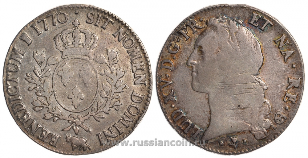 Франция 1 экю 1770 корова, тюльпан, Людовик XV KM 518, Dav. A 1331 серебро 00-804-30