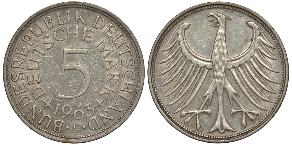 ФРГ 5 марок 1963 F, J. 387, KM 112.1 серебро 603-1243