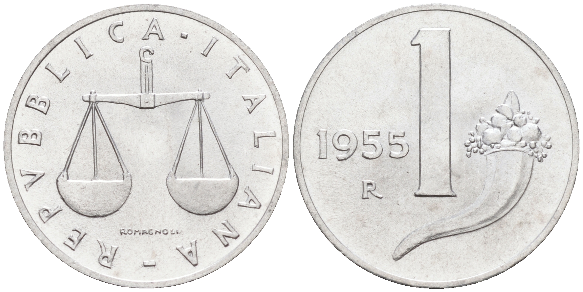 Италия 1 лира 1955 R, весы KM 91 алюминий  UNC  4594-721