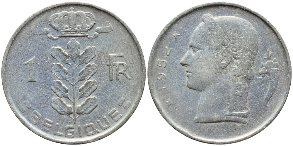БЕЛЬГИЯ 1 ФРАНК 1952 BELGIQUE KM 142.1 медно-никель 4388-124