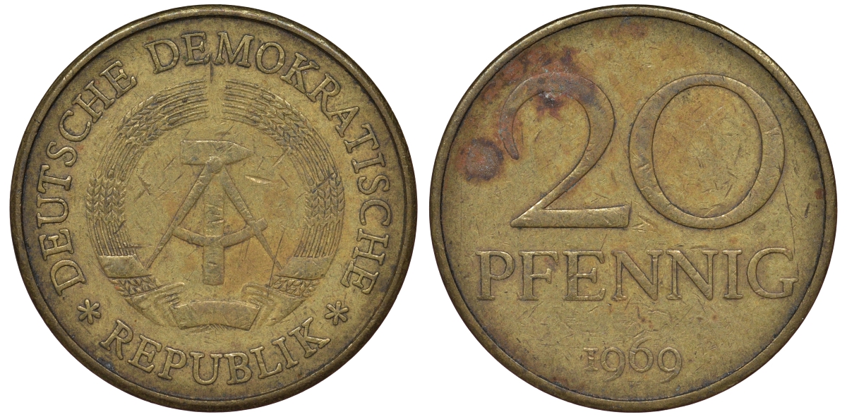 ГДР 20 пфеннигов 1969 А, первый год KM 11 латунь 62-1036