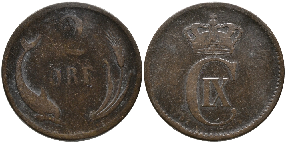 ДАНИЯ 2 ЭРЕ 1883 КРИСТИАН IX (1863-1906) KM 793.1 бронза 28-1014