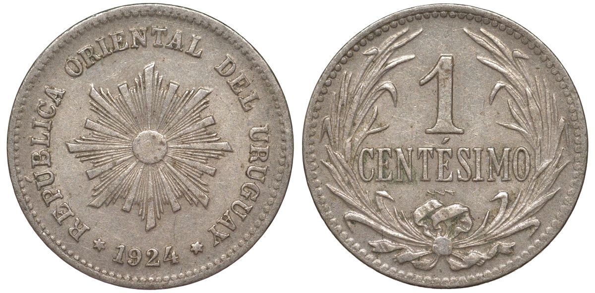 Уругвай 1 сентесимо 1924 KM 19 медно-никель 187-225