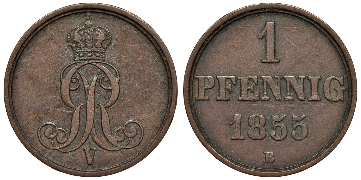 Ганновер 1 пфенниг 1855 B, Георг V KM 221, AKS 155, J. 83 медь 4594-545