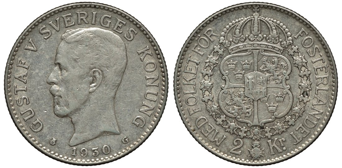 Швеция 2 кроны 1930 G, Густав V (1907-1950) KM 787 серебро 221-534