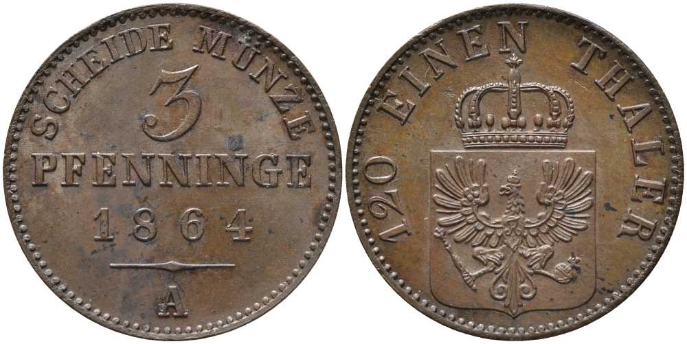 ПРУССИЯ 3 ПФЕННИГА 1864 А, ВИЛЬГЕЛЬМ I (1861-1888) KM 482 медь 4448-1131