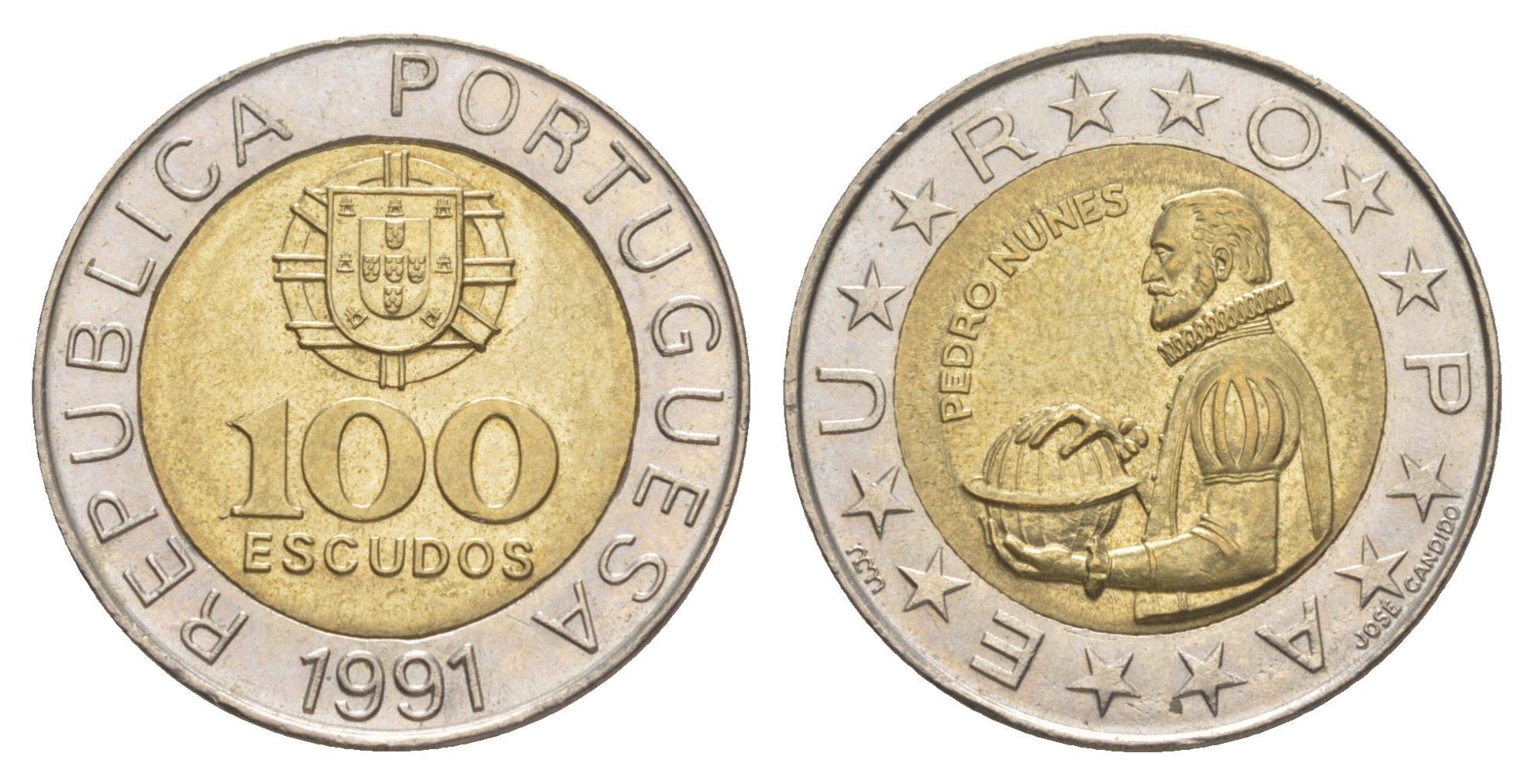 Португалия 100 эскудо 1991 Педру Нуниш (1502-1578), математик KM 645 биметалл aUNC 4388-326