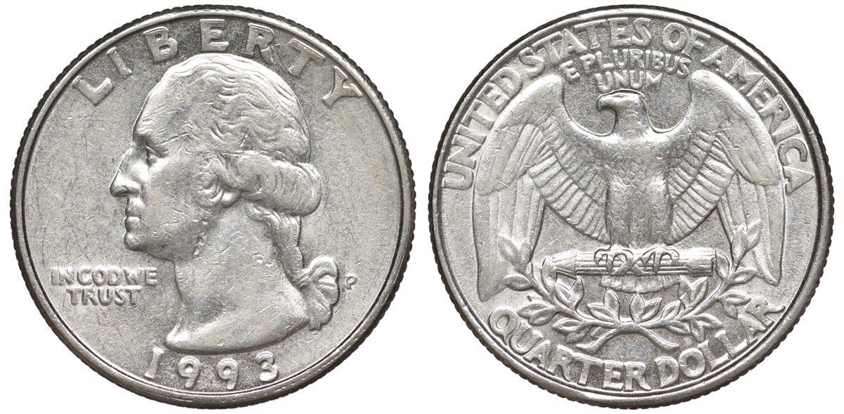 США 25 центов (квотер) 1993 P, Вашингтон KM А164а медь плакированная медно-никелем 259-454