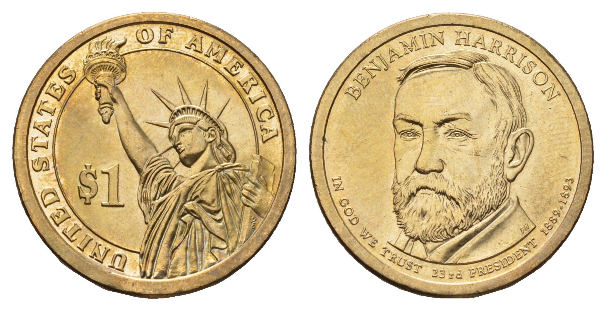 США 1 доллар 2012 P, Президент США - Бенджамин Гаррисон (1889–1893) KM 526 медь с марганцево-латунным покрытием UNC 4698-943