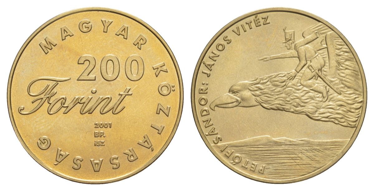 Венгрия 200 форинтов 2001 Детская литература - Шандор Петёфи, "Витязь Янош" KM 755 латунь BU 4599-515