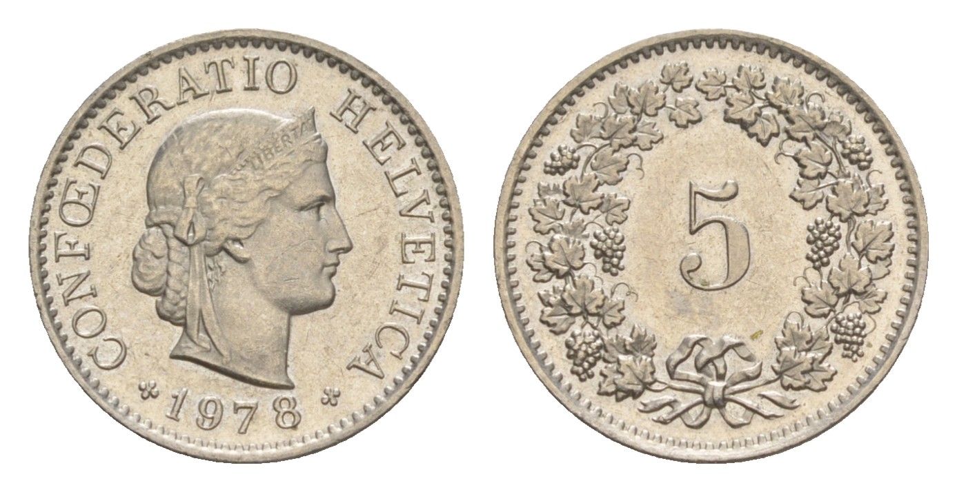 Швейцария 5 раппенов 1978 KM 26 медно-никель UNC 4611-1142