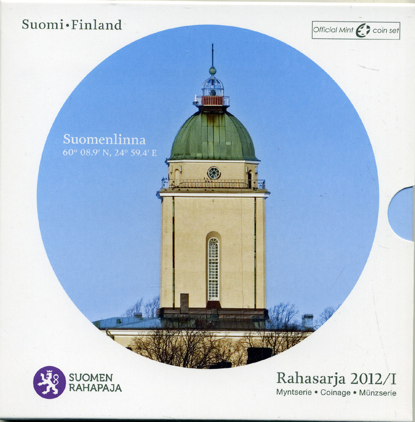 Финляндия евронабор из 8 монет + жетон 2012 маяки Скандинавии, Suomenlinna (1929-2012), официальный набор в оригинальном буклете UNC 5-6-2-25