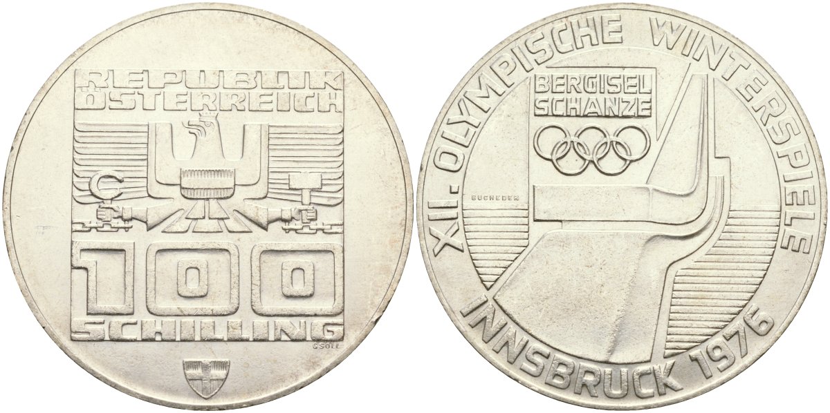 Австрия 100 шиллингов 1976 XII зимние Олимпийские игры в Инсбруке, лыжный трамплин KM 2929 серебро UNC 02-118-13