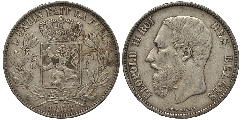 Бельгия 5 франков 1868 Леопольд II (1865-1909) KM 24 серебро 443-211