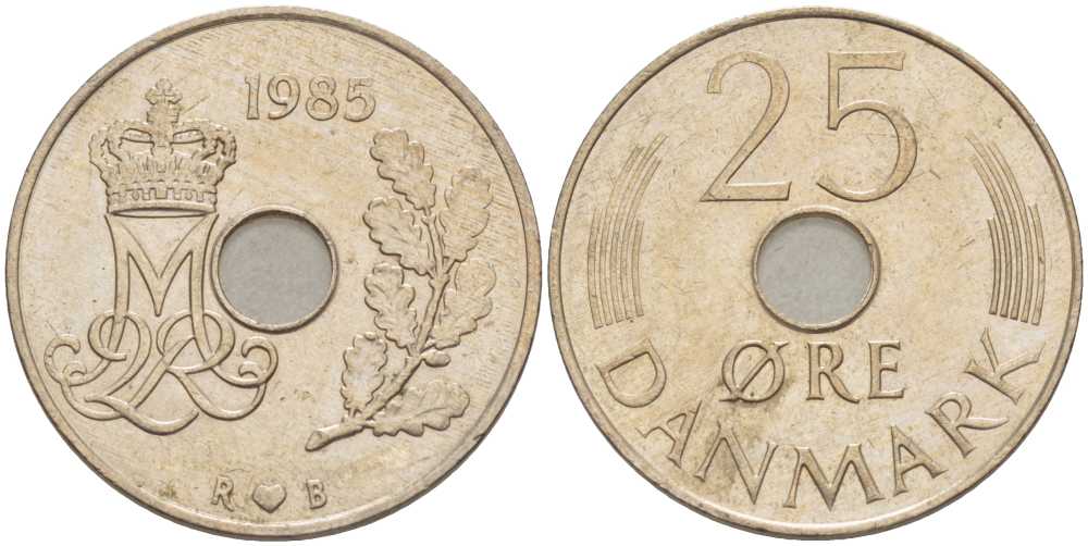 ДАНИЯ 25 ЭРЕ 1985 R; B, МАРГРЕТЕ II (1972-) KM 861.3 медно-никель 94-944