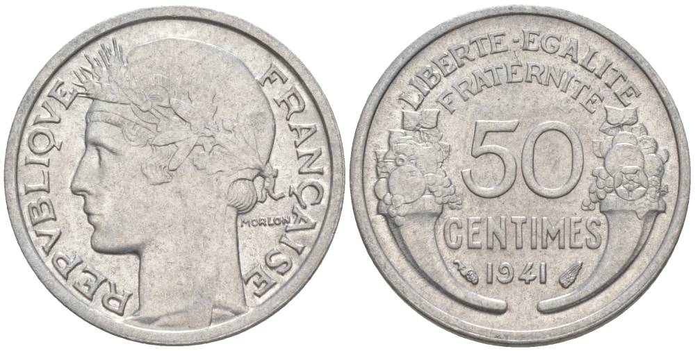ФРАНЦИЯ 50 САНТИМОВ 1941 ТИП MORLON LOURDE KM 894.1a, LE FRANC 193.2 алюминий 44-256
