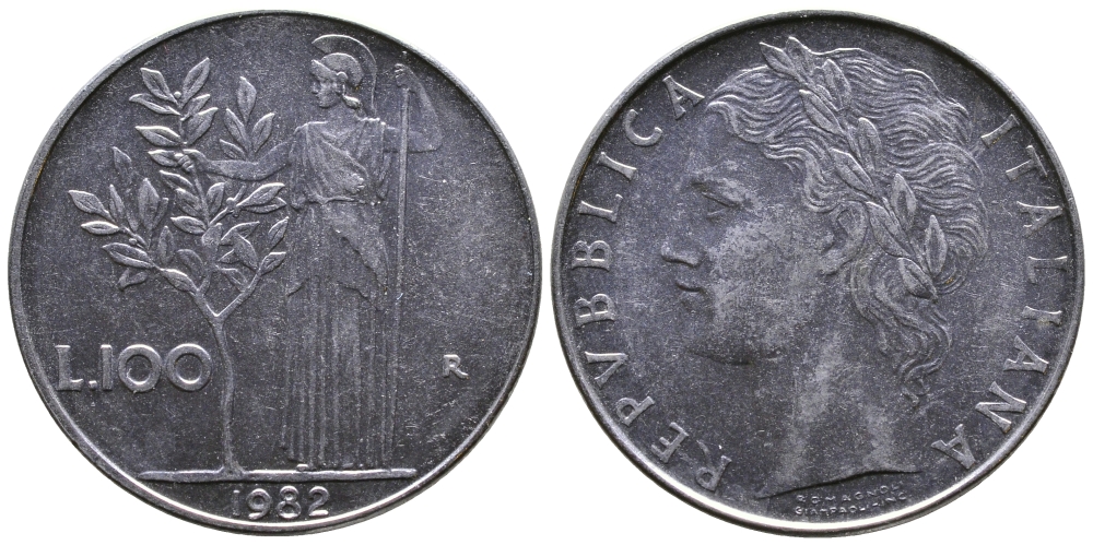 ИТАЛИЯ 100 ЛИР 1982 R, АФИНА KM 96.1 сталь 3334-944