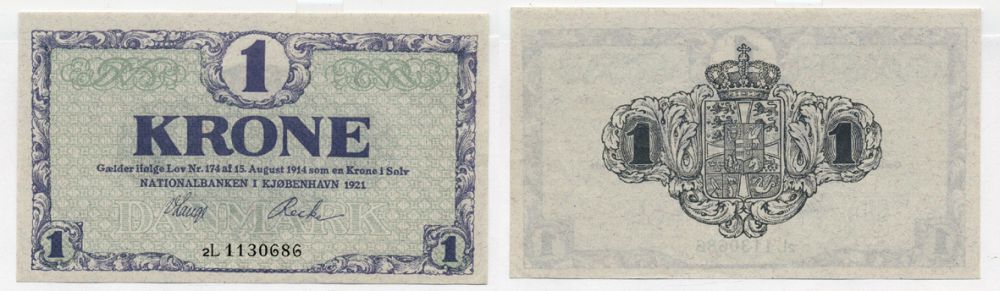 Дания 1 крона 1921 серия 2L Pick 12 g бумага aUNC 7217-2-2-2