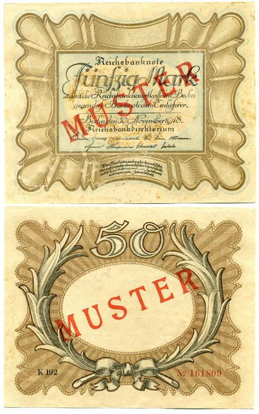 Германия 50 марок 1918 MUSTER, образец, диагональная красная надпечатка Pick 65, Ros. 57b бумага 451-91-1