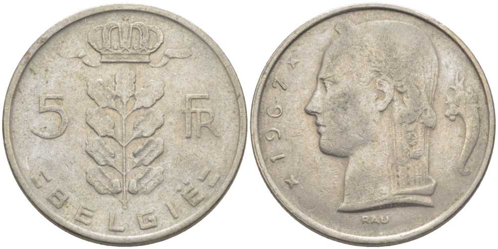 Бельгия 5 франков 1967 Belgie, Бодуэн I (1951-1993) KM 135.1 медно-никель 119-816