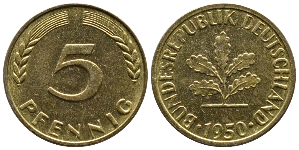 ФРГ 5 ПФЕННИГОВ 1950 J KM 107, J.382 сталь плакированная латунью 26-1068