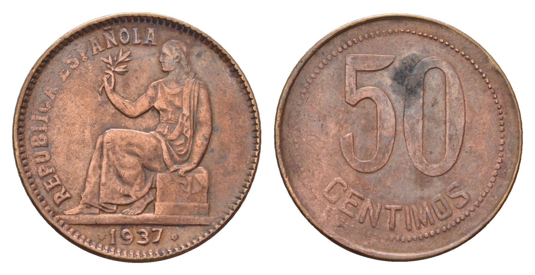 Испания 50 сентимо 1937 Вторая Республика KM 754 медь 4657-833