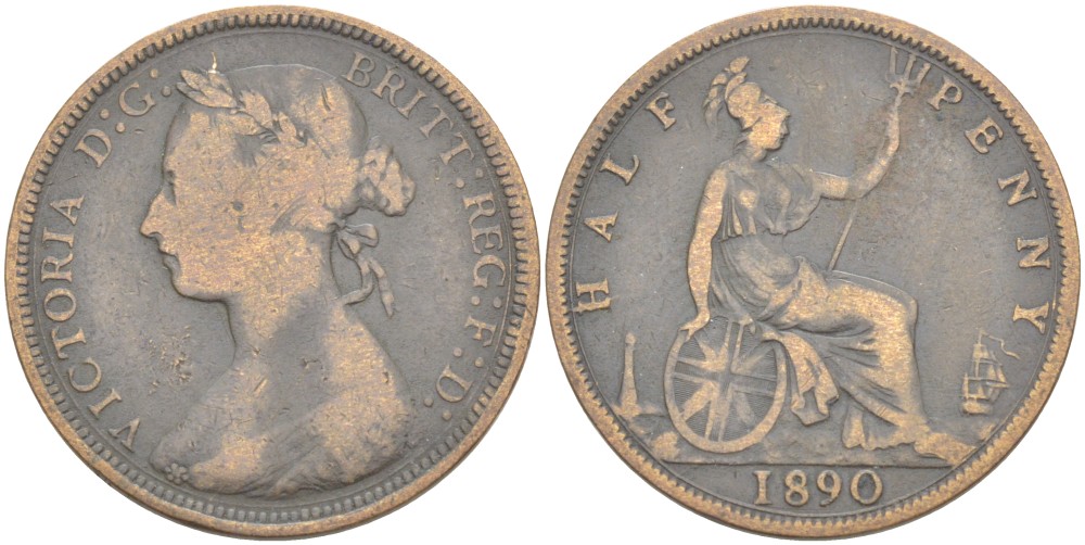 Великобритания 1/2 пенни 1890 Виктория (1837-1901) KM 754, Spink 3956 бронза 4543-1226