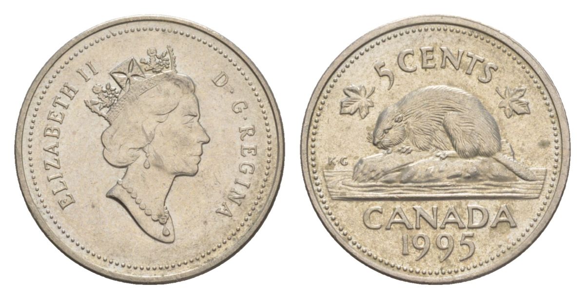 Канада 5 центов 1995 Елизавета II (1952-2022), бобр KM 182 медно-никель 4630-745