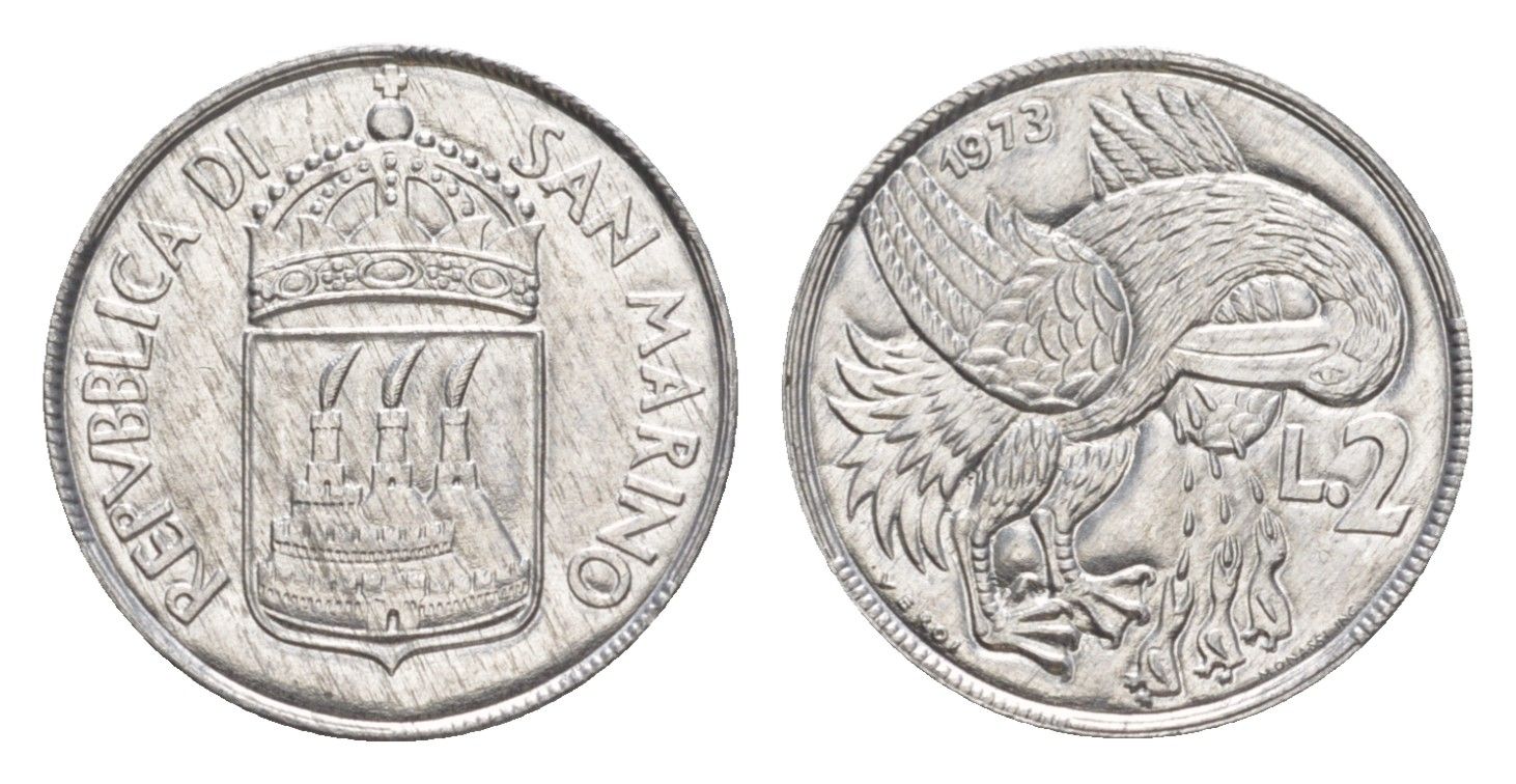 Сан-Марино 2 лиры 1973 KM 23 алюминий UNC 4647-162