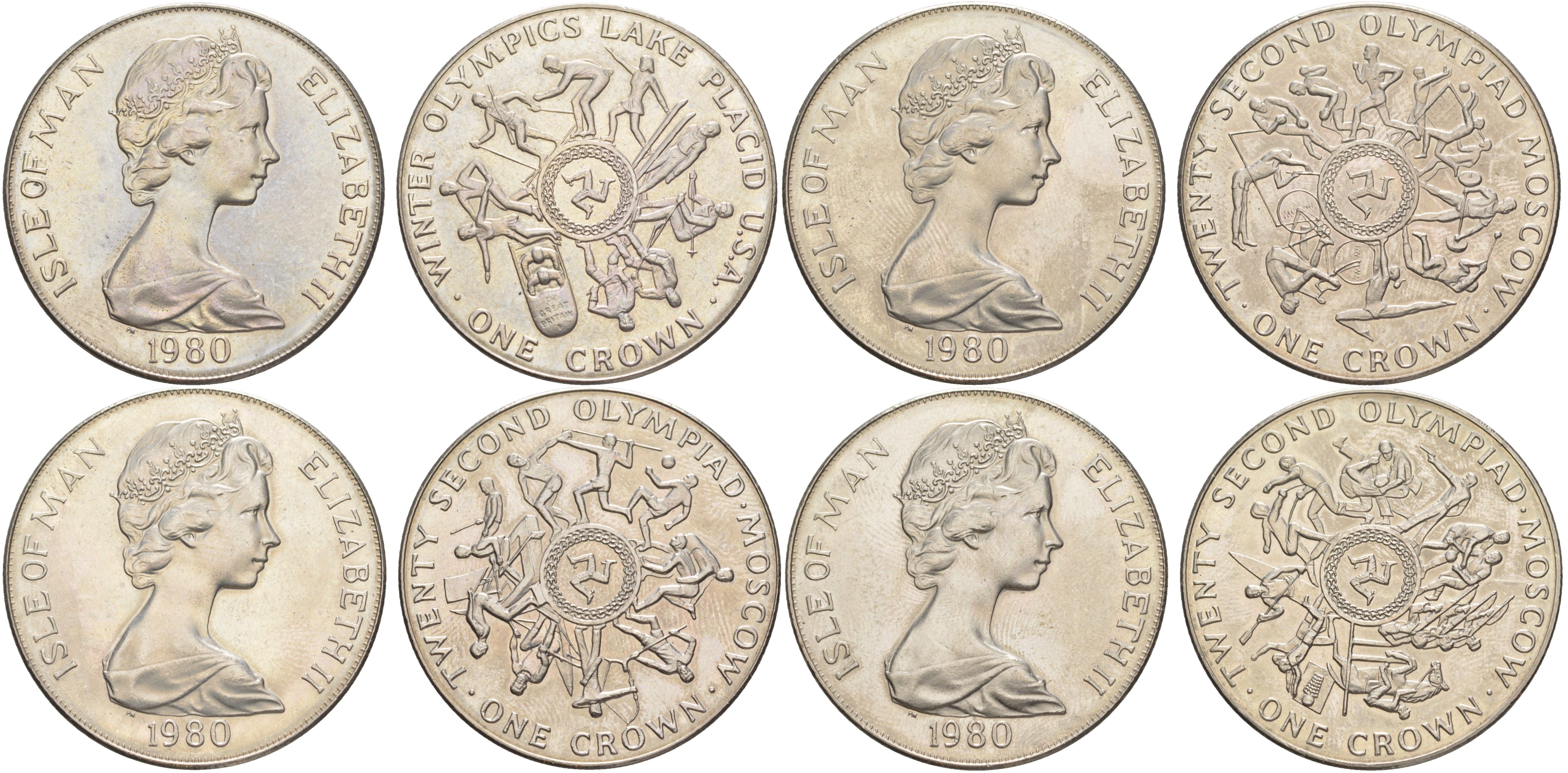 Остров Мэн полный набор из 4 монет (1 крона) 1980 XXIII Олимпиада 1980 года в Москве и Зимняя олимпиада в Лейк-Плесиде KM 64, 65, 66 и 67 медно-никель BU 74-322-325