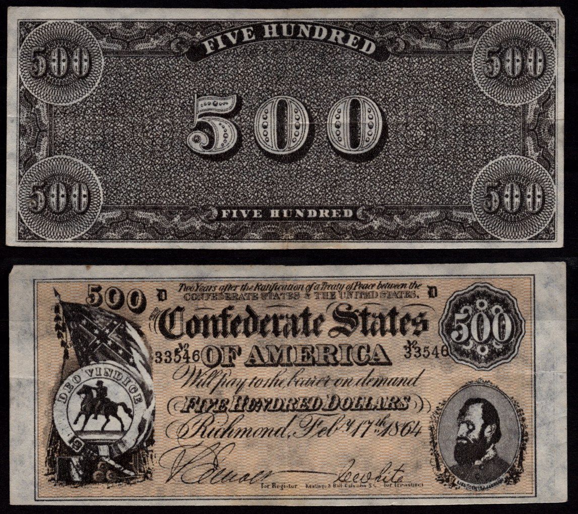 Конфедеративные Штаты Америки 500 долларов 1864 копия банкноты. Генерал Томас Джонатан «Стоунволл» Джексон. бумага 6289-10-1-1
