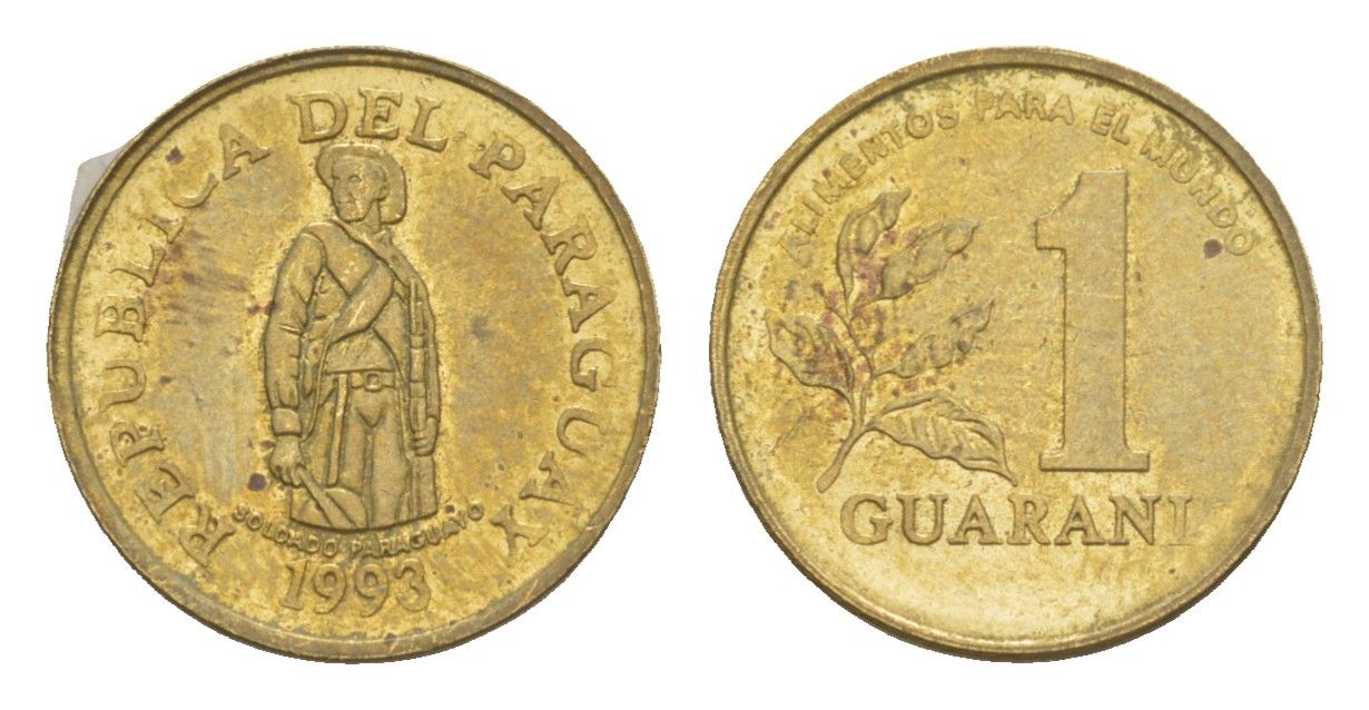 Парагвай 1 гуарани 1993 KM 192 сталь плакированная латунью UNC 4644-839
