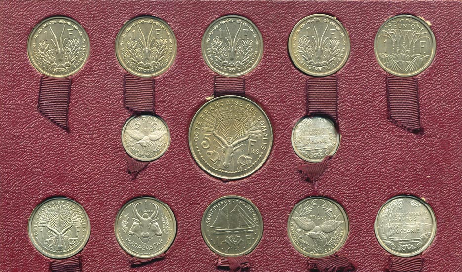 Французские Колонии набор из 23 пробных монет 1948-1949 ESSAI, Французские Колонии, в оригинальной картонной коробке UNC 7-1-34