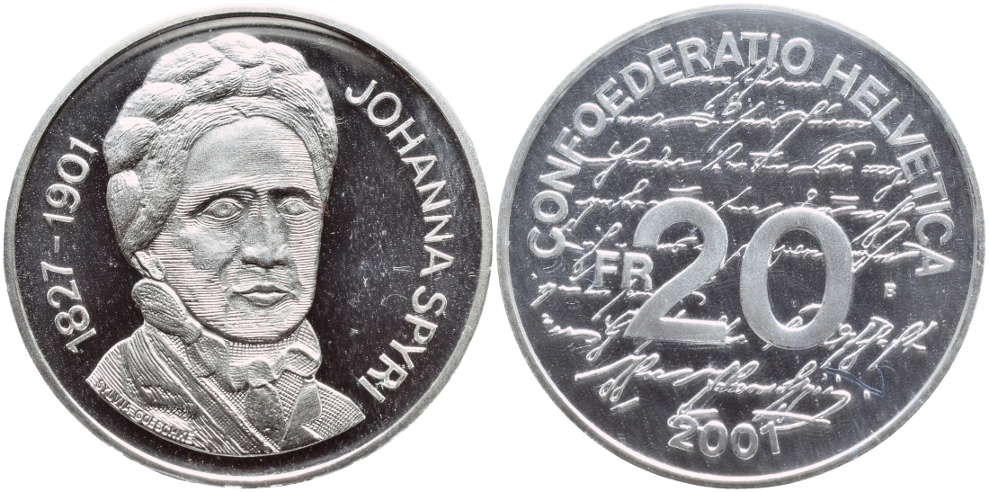 Швейцария 20 франков 2001 В, Йоханна Спири, в запайке KM 94 серебро PROOF 1524-945