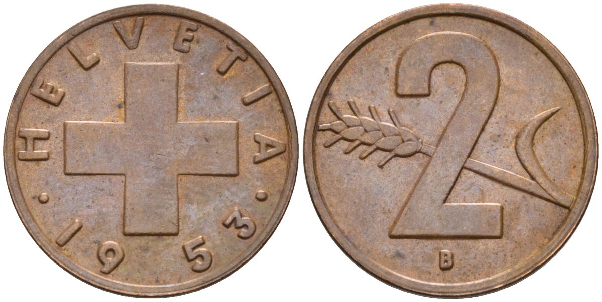 Швейцария 2 раппена 1953 В KM 47 бронза 4591-1123