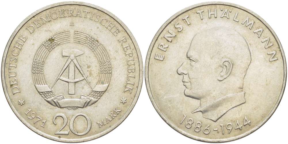 ГДР 20 марок 1971 A, 85 лет со дня рождения Эрнста Тельмана KM 34, J. 1535 медно-никель 4521-343