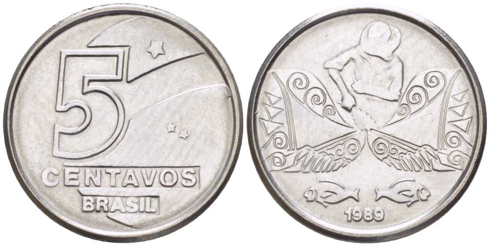 БРАЗИЛИЯ 5 СЕНТАВО 1989 РЕФОРМА (1989-1990) KM 612 нержавеющая сталь 4516-516