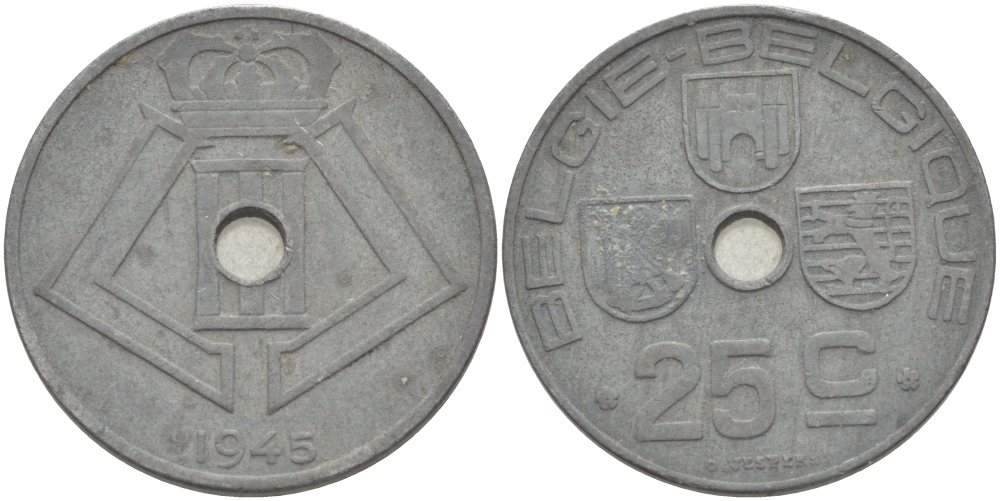 БЕЛЬГИЯ 25 САНТИМОВ 1945 BELGIE-BELGIQUE KM 132 цинк 3996-722