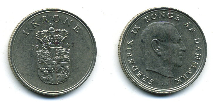 ДАНИЯ 1 КРОНА 1967 C; S, ФРЕДЕРИК IX (1947-1972) KM 851.1 медно-никель 56-513