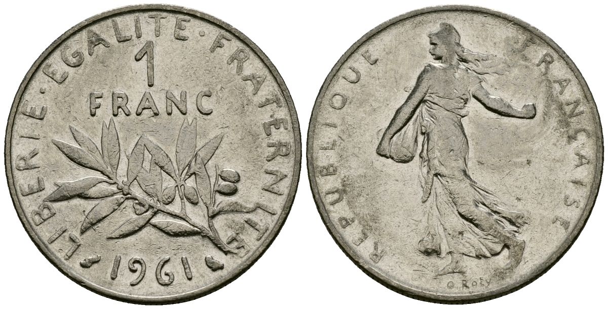 Франция 1 франк 1961 сеятель KM 925 никель 4135-821