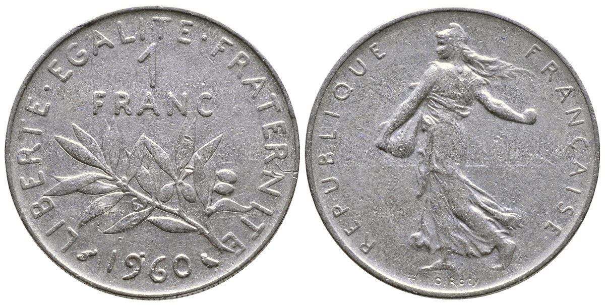ФРАНЦИЯ 1 ФРАНК 1960 СЕЯТЕЛЬ KM 925.1, LE FRANC 226.4 никель 3999-421