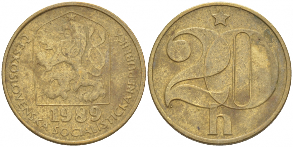 Чехословакия 20 геллеров 1989 KM 74 латунь 3309-729