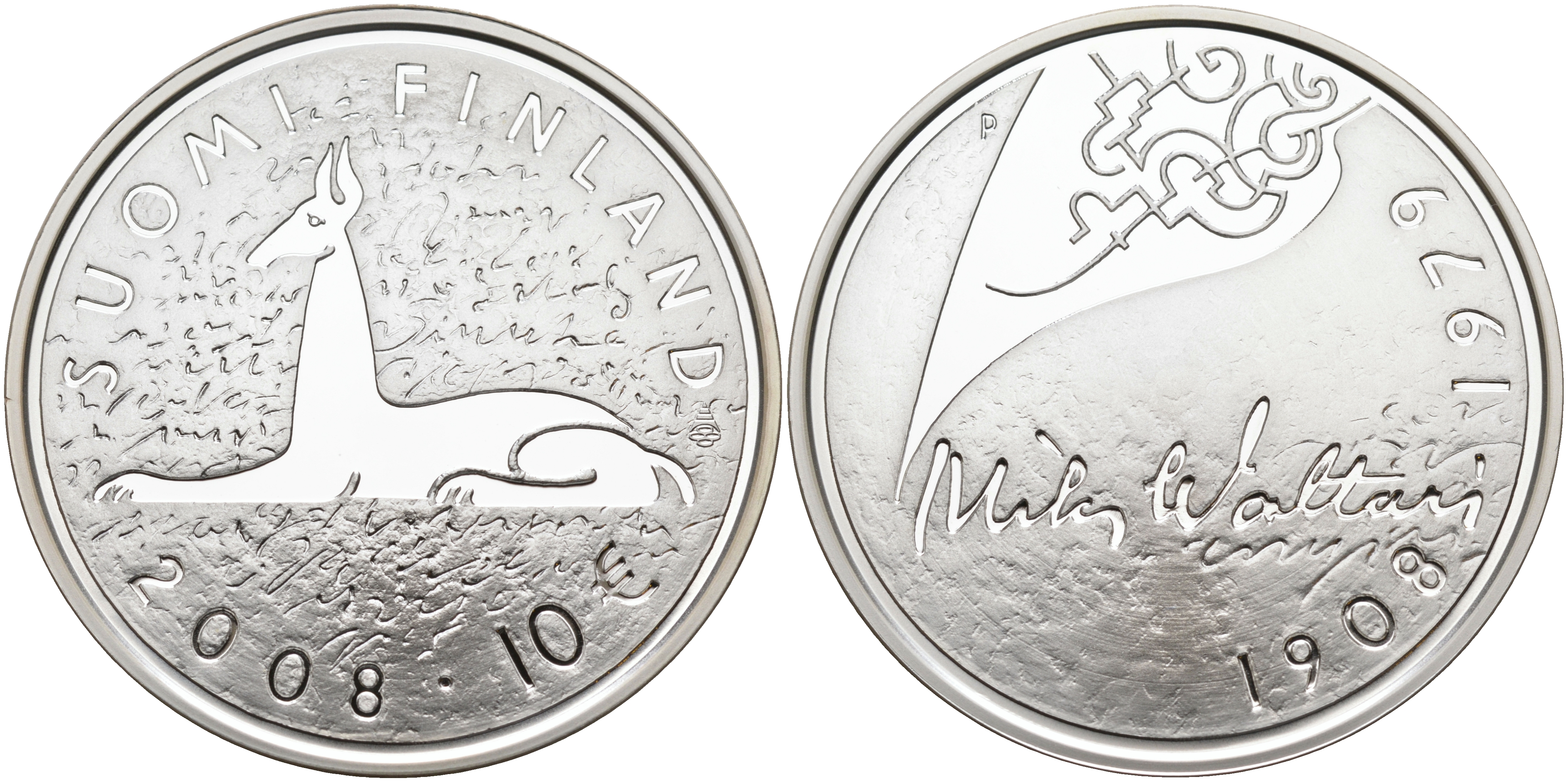 Финляндия 10 евро 2008 Мика Валтари, писатель KM 142 серебро  PROOF 11-114-33