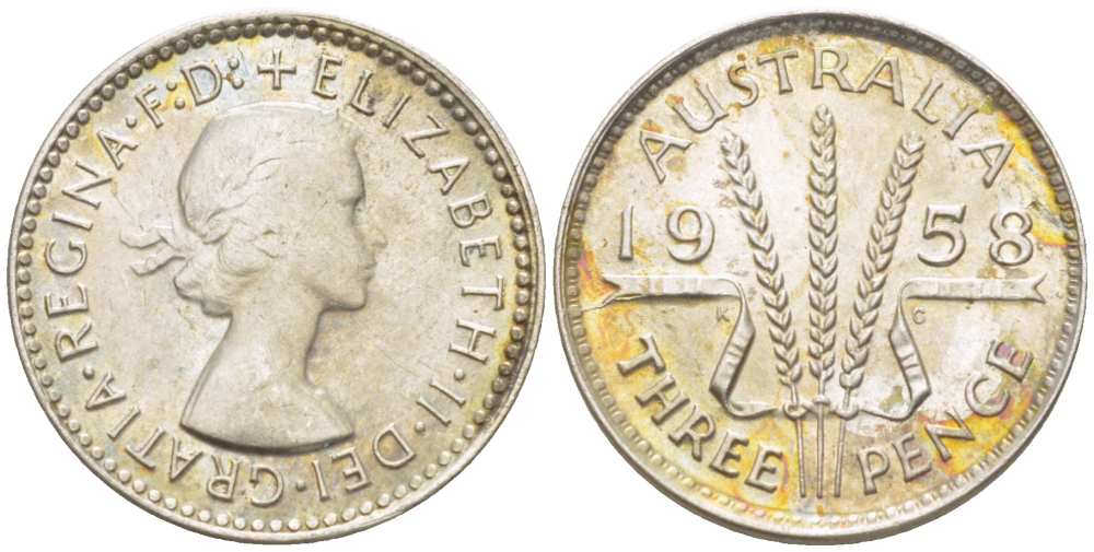 Австралия 3 пенса 1958 m, Елизавета II (1952-2022) KM 57 серебро 4516-152
