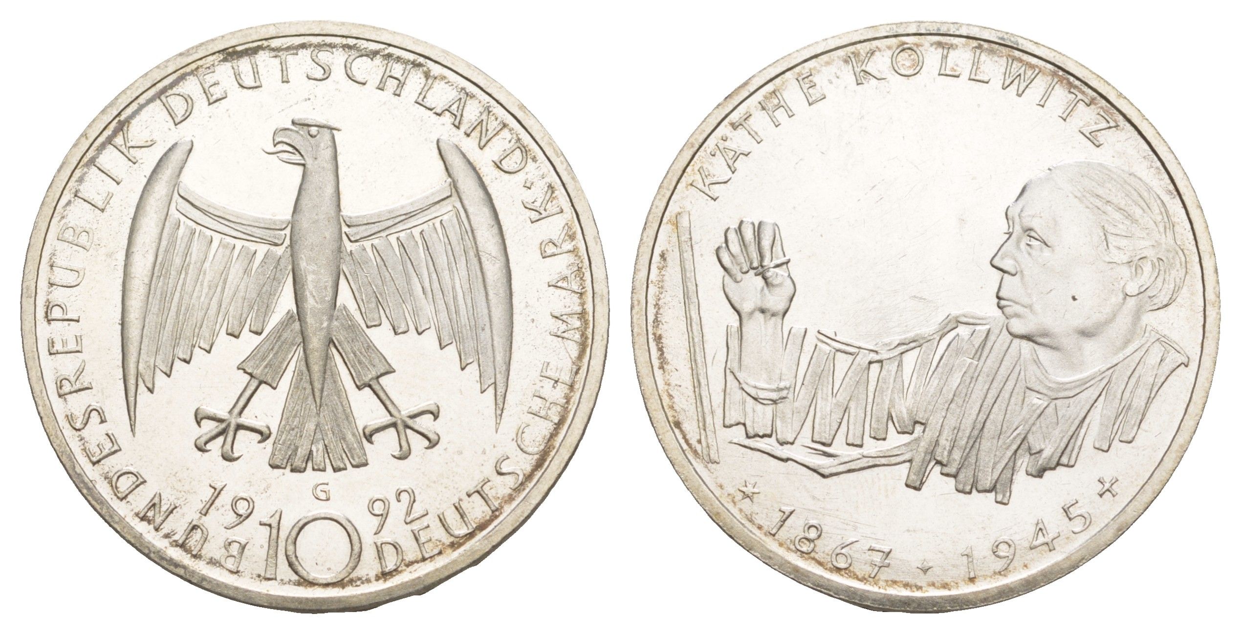 ФРГ 10 марок 1992 G, 125 лет со дня рождения Кете Кольвиц KM 178 серебро UNC 4634-1026