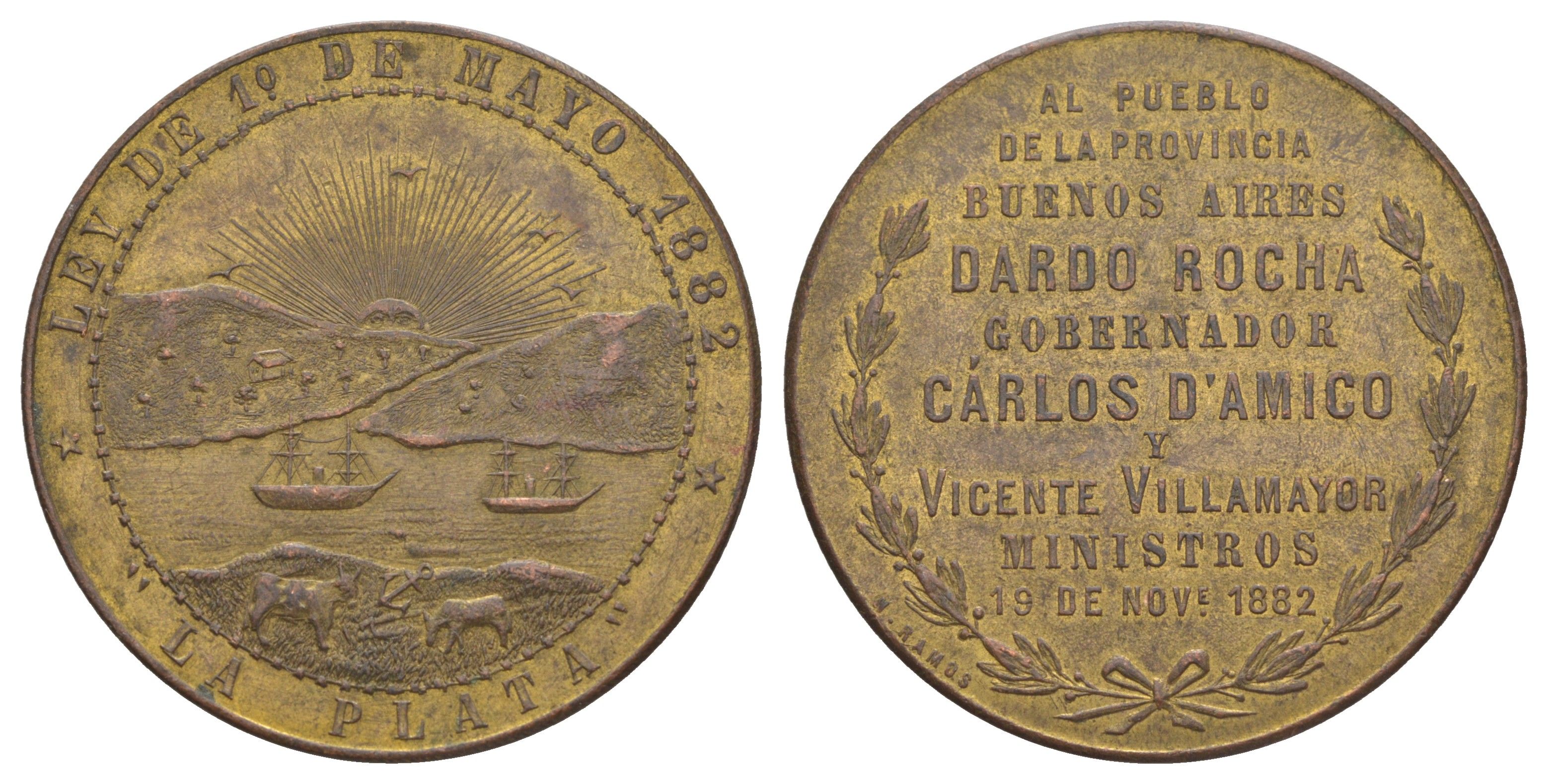 Аргентина медаль "основание города Ла-Платы" 1882 медальер Н. Рамос, диаметр 37 мм, вес 39,6 гр MoViArg DGGP_B бронза 413-625